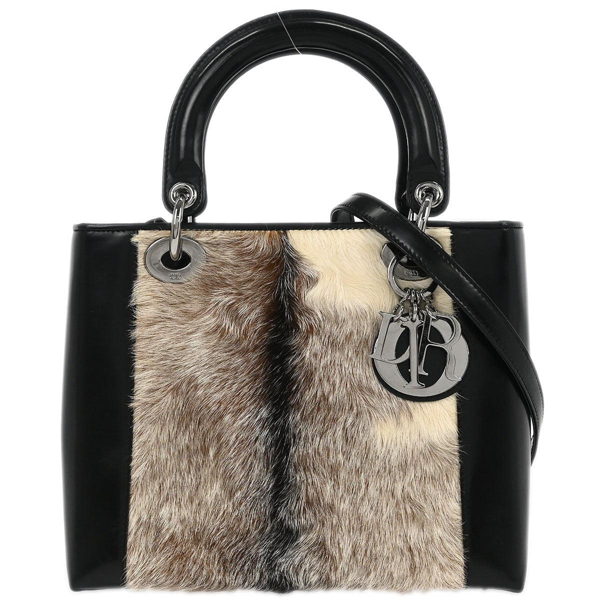 Christian Dior * Black Fur Medium Lady Dior 2way Shoulder Handbag