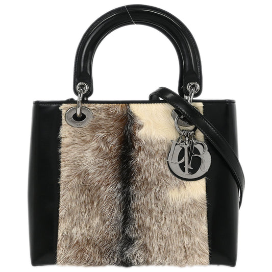 Christian Dior * Black Fur Medium Lady Dior 2way Shoulder Handbag