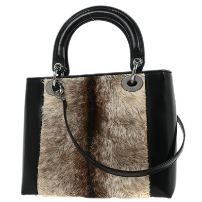 Christian Dior * Black Fur Medium Lady Dior 2way Shoulder Handbag