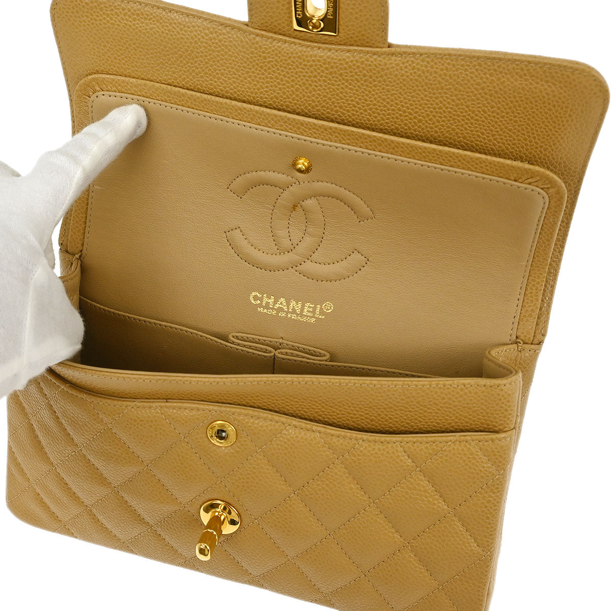 Chanel Beige Caviar Small Classic Double Flap Shoulder Bag
