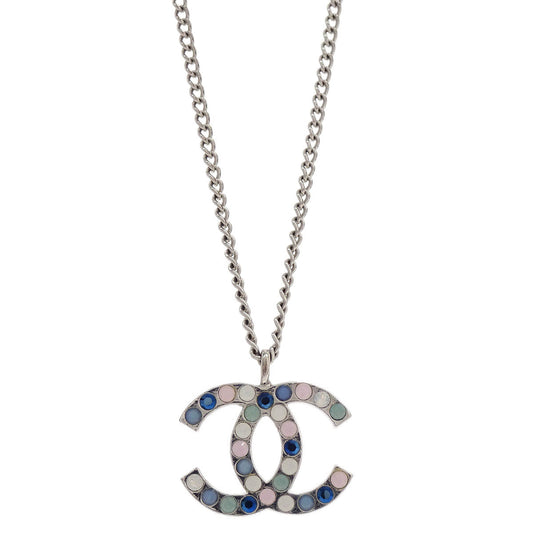 Chanel CC Chain Necklace Pendant Rhinestone Silver 07C