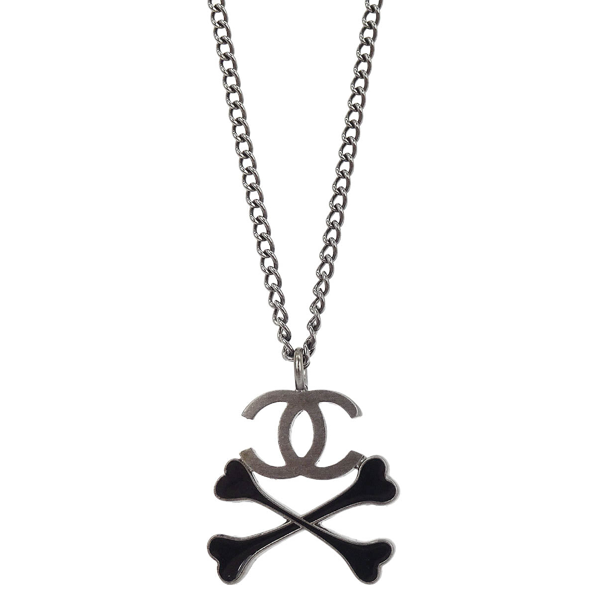 Chanel CC Crossbones Pendant Necklace Silver Black 03P