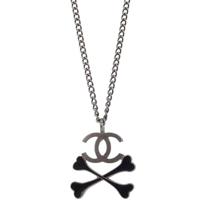 Chanel CC Crossbones Pendant Necklace Silver Black 03P