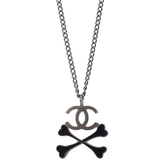 Chanel CC Crossbones Pendant Necklace Silver Black 03P