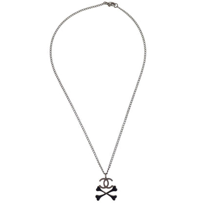 Chanel CC Crossbones Pendant Necklace Silver Black 03P