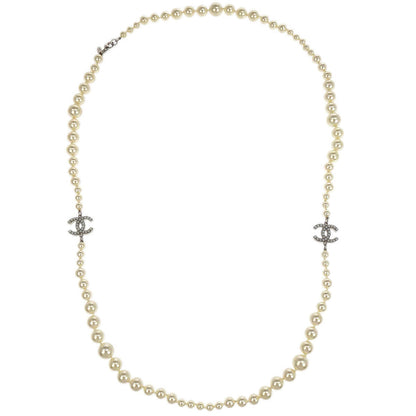 Chanel Costume Pearl Chain Necklace Silver 08V