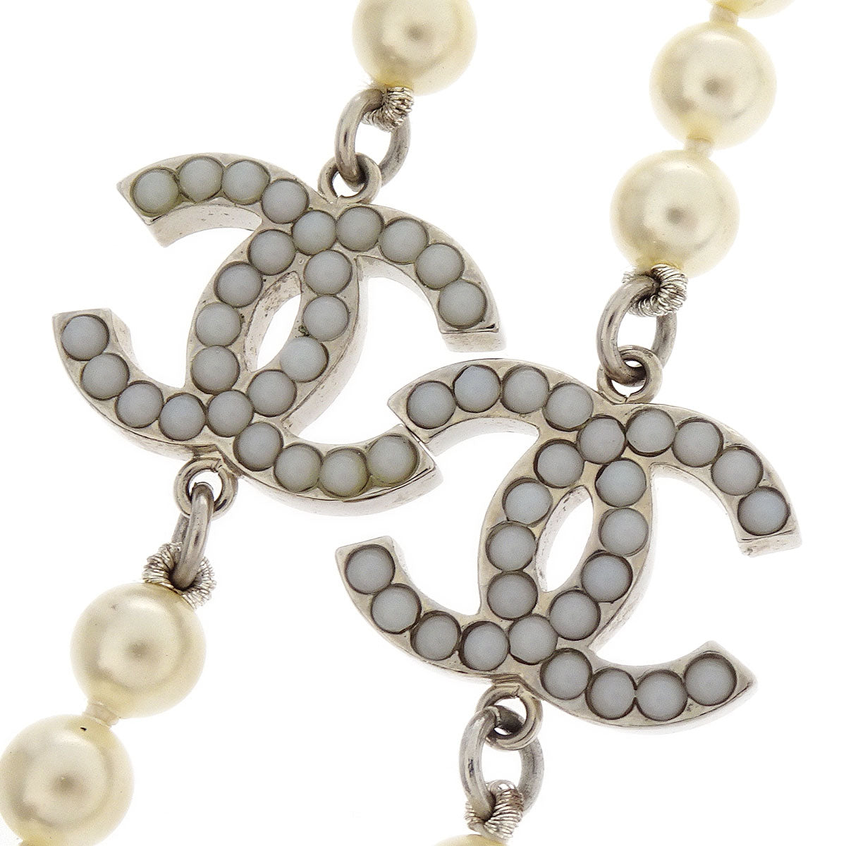 Chanel Costume Pearl Chain Necklace Silver 08V