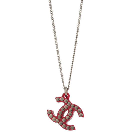 Chanel CC Chain Pendant Necklace Acrylic Silver Red 05P