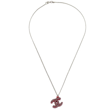 Chanel CC Chain Pendant Necklace Acrylic Silver Red 05P