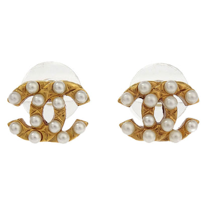 Chanel Piercing Earrings Gold CC Costume Pearl 03A