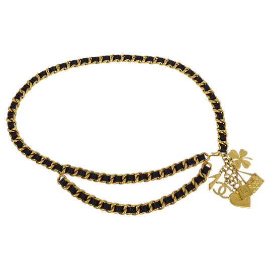 Chanel Icon Chain Belt Gold Black Leather 95A Small Good