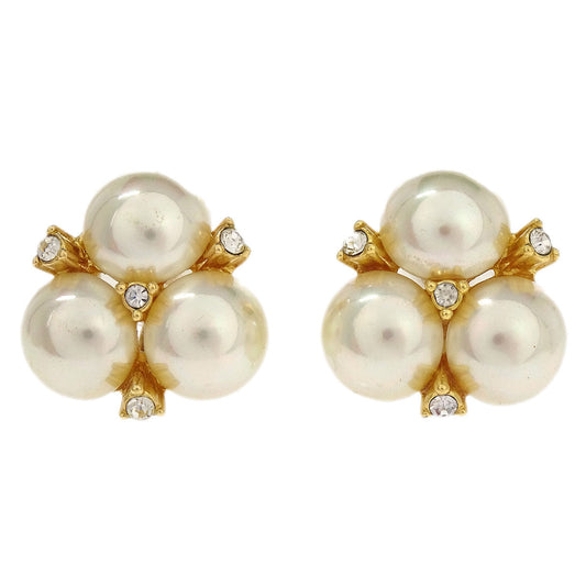 Christian Dior Earrings Clip-On Gold Costume Pearl Rhinestone