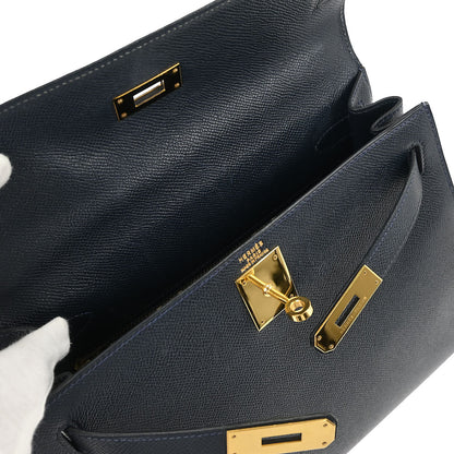 Hermes Blue Indigo Courchevel Kelly 28 Sellier 2way Shoulder Handbag