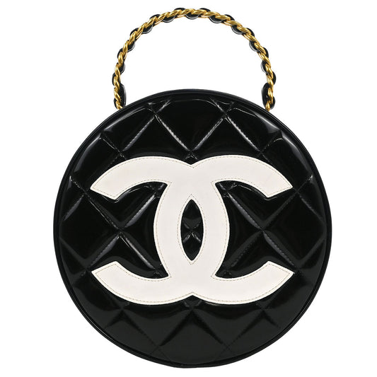 Chanel Black Patent Leather Round Vanity Handbag