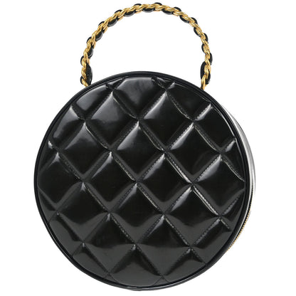 Chanel Black Patent Leather Round Vanity Handbag