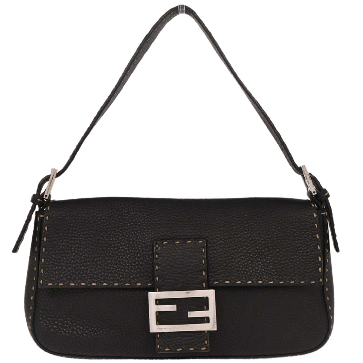 Fendi Black Leather Stitch Baguette Handbag