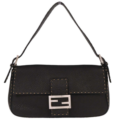 Fendi Black Leather Stitch Baguette Handbag