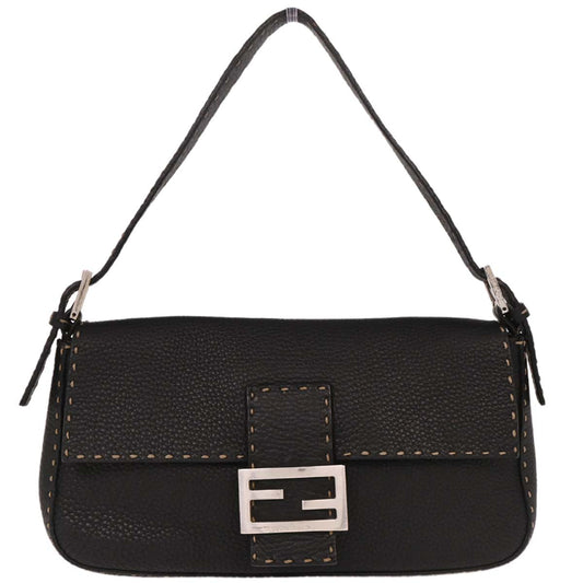 Fendi Black Leather Stitch Baguette Handbag