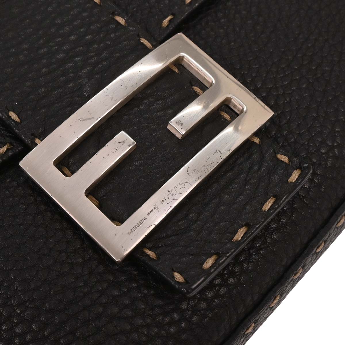 Fendi Black Leather Stitch Baguette Handbag