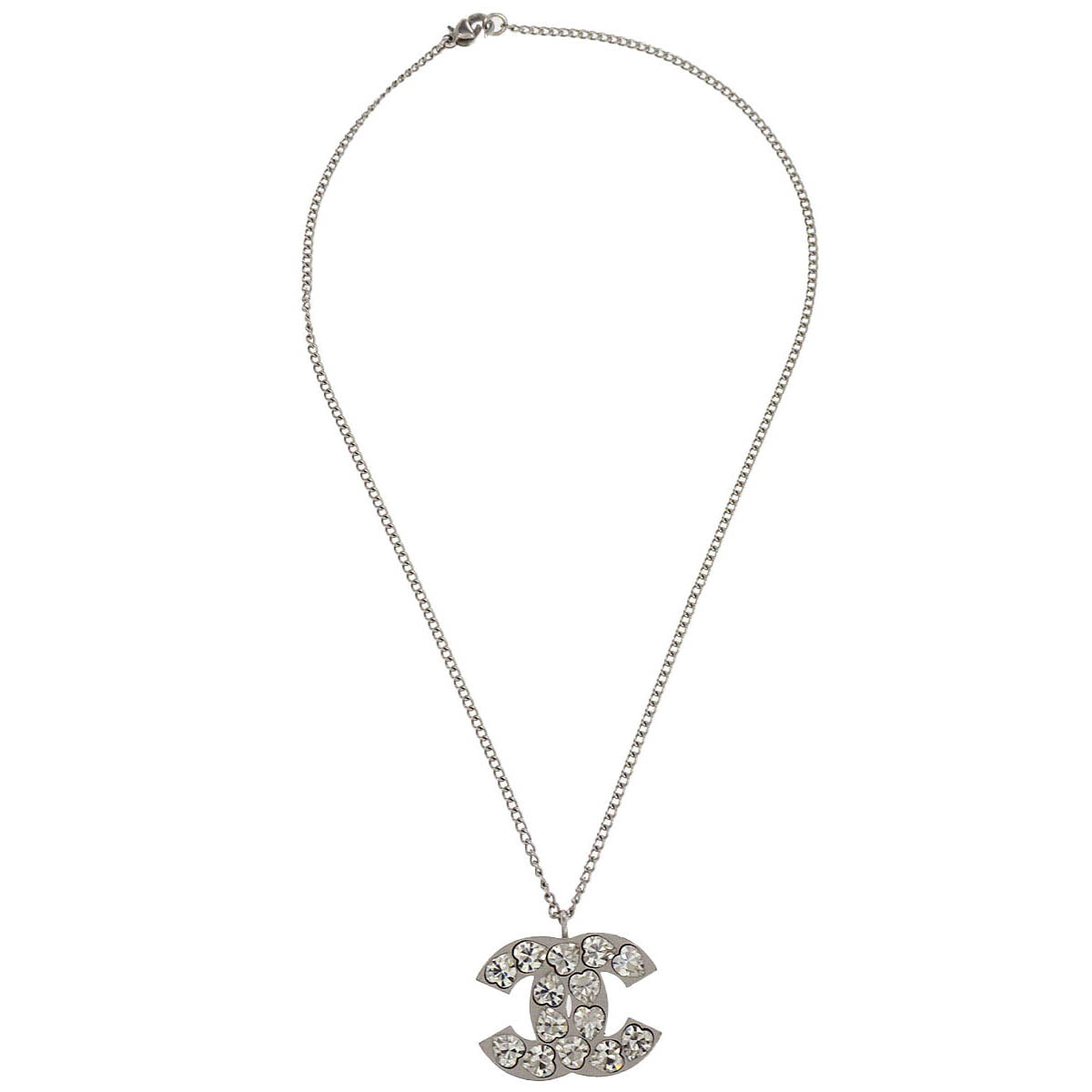 Chanel CC Chain Necklace Pendant Rhinestone Silver 04A