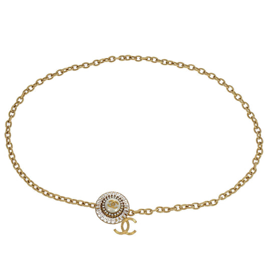 Chanel Chain Belt Gold Medallion Rhinestone Costume Pearl 07P Small Good