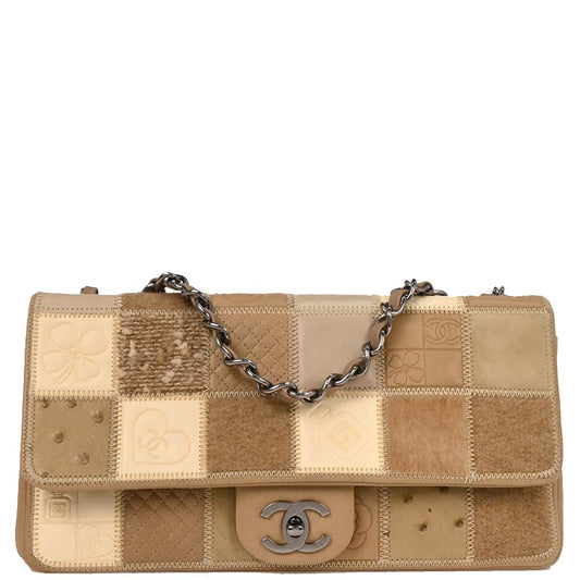Chanel * 2006-2008 Brown Mixed Material Patchwork Single Flap Bag Mediuｍ