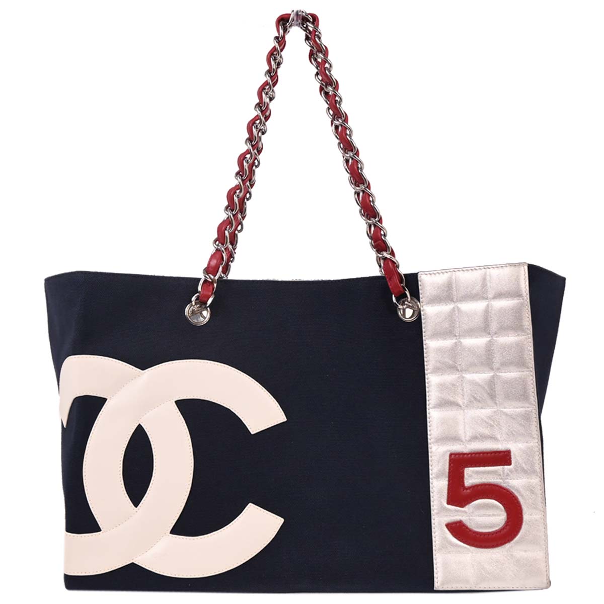 Chanel 2002-2003 Navy Silver Canvas No.5 Choco Bar Tote Handbag