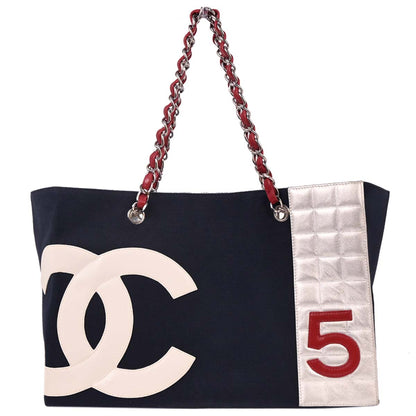 Chanel 2002-2003 Navy Silver Canvas No.5 Choco Bar Tote Handbag