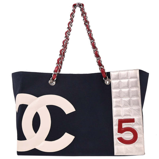 Chanel 2002-2003 Navy Silver Canvas No.5 Choco Bar Tote Handbag