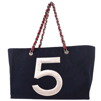 Chanel 2002-2003 Navy Silver Canvas No.5 Choco Bar Tote Handbag