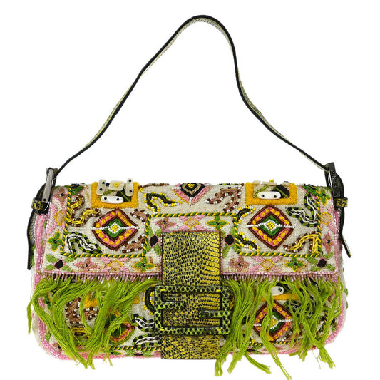 Fendi * White Canvas Lizard Beads Baguette Handbag