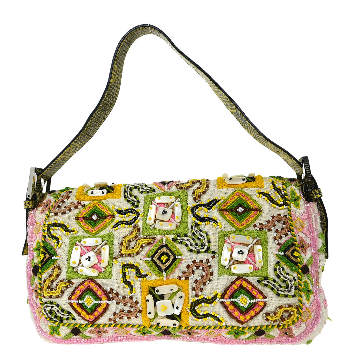 Fendi * White Canvas Lizard Beads Baguette Handbag