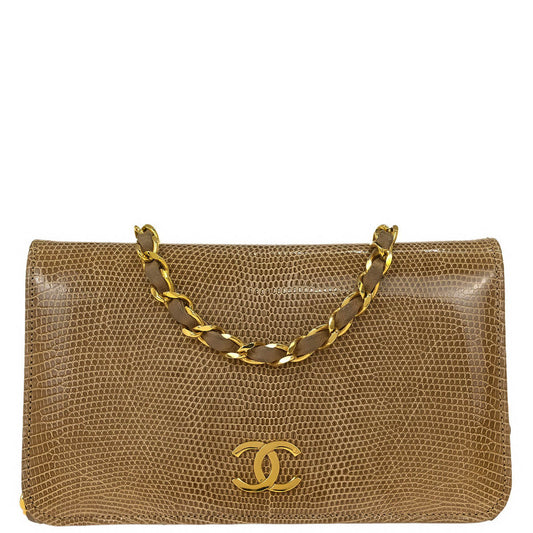 Chanel * Beige Lizard Pushlock Mini Full Flap Shoulder Bag