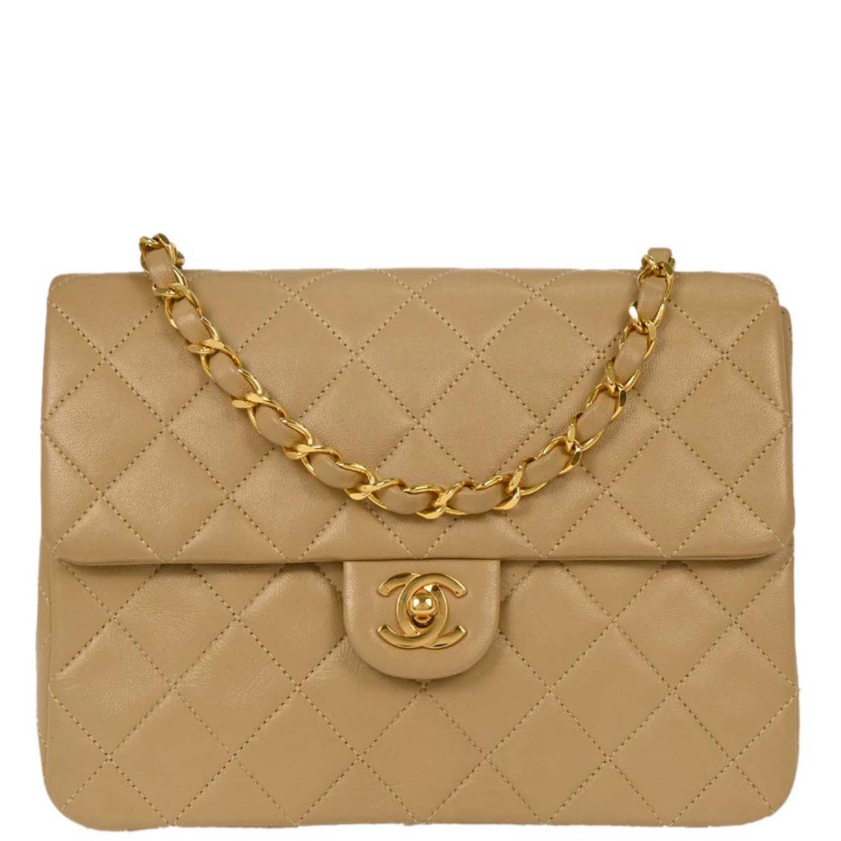 Chanel 1989-1991 Beige Lambskin Classic Square Flap Shoulder Bag