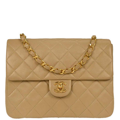 Chanel 1989-1991 Beige Lambskin Classic Square Flap Shoulder Bag