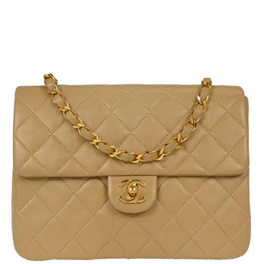 Chanel 1989-1991 Beige Lambskin Classic Square Flap Shoulder Bag