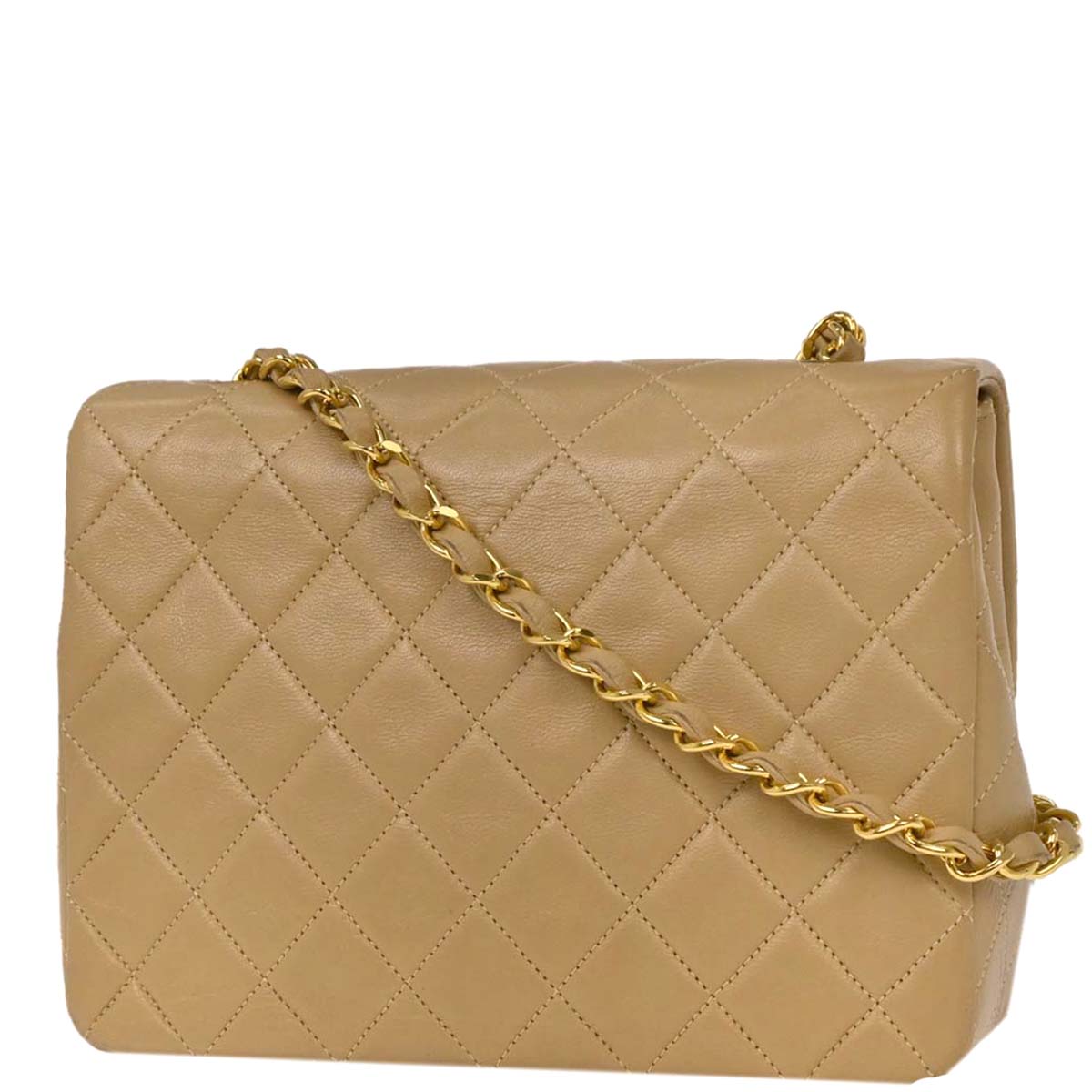 Chanel 1989-1991 Beige Lambskin Classic Square Flap Shoulder Bag