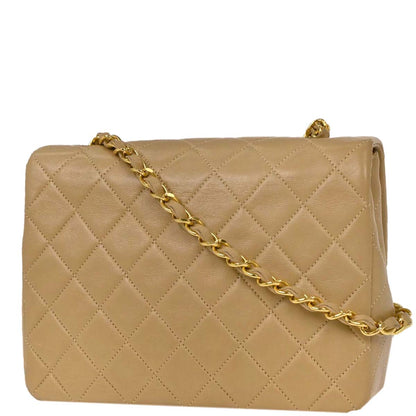 Chanel 1989-1991 Beige Lambskin Classic Square Flap Shoulder Bag