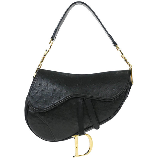 Christian Dior * Black Ostrich Saddle Handbag