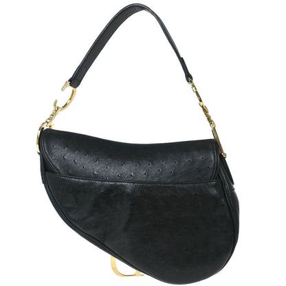 Christian Dior * Black Ostrich Saddle Handbag