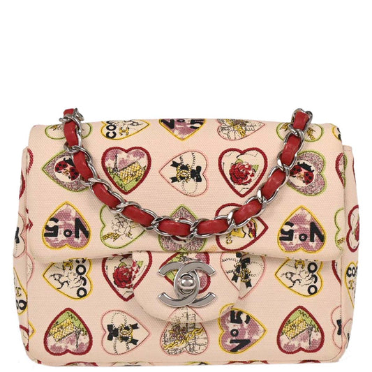 Chanel 2005-2006 Pink Canvas Valentine Mini Classic Square Flap Shoulder Bag
