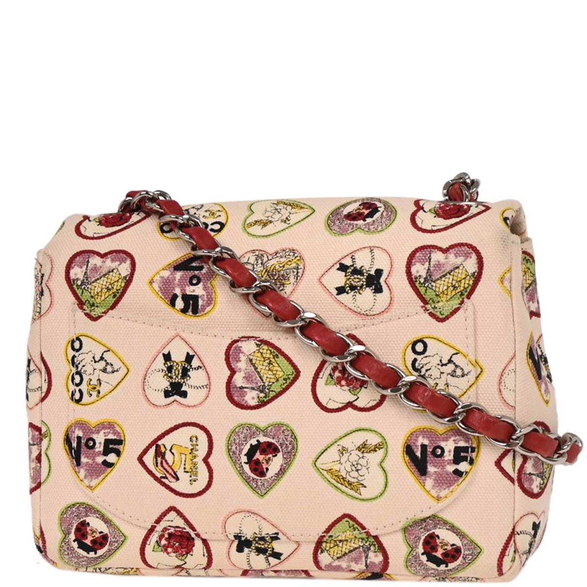 Chanel 2005-2006 Pink Canvas Valentine Mini Classic Square Flap Shoulder Bag