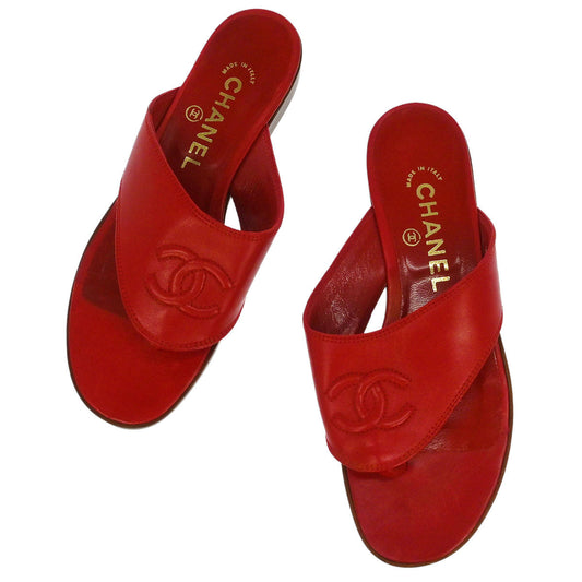 Chanel * Red Leather Shoes Sandals #36