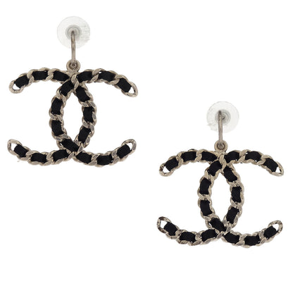 Chanel CC Dangle Piercing Earrings Black Silver Leather B12A