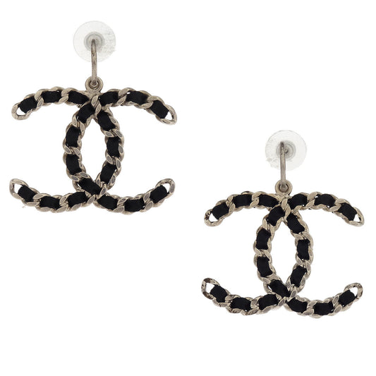 Chanel CC Dangle Piercing Earrings Black Silver Leather B12A