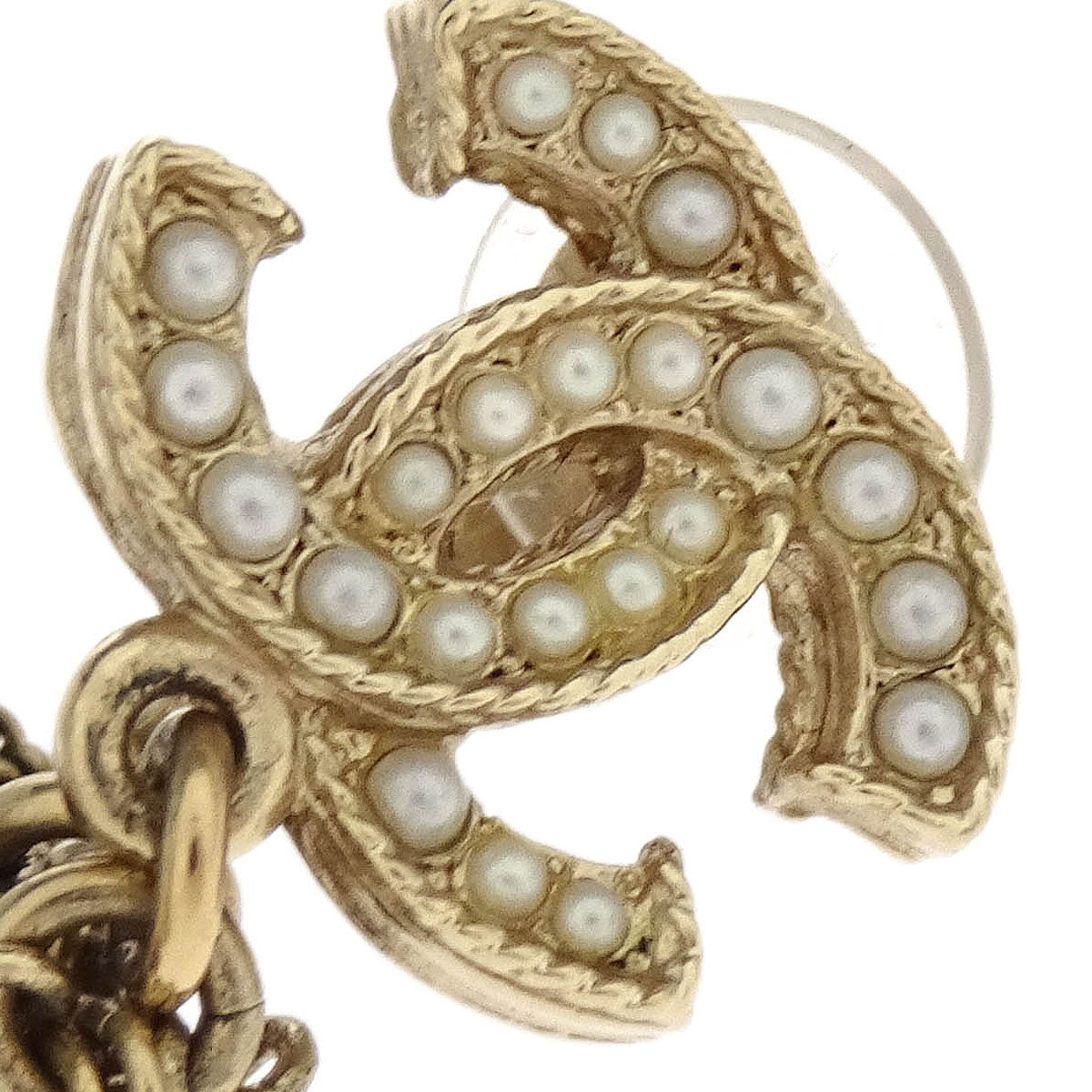 Chanel Costume Pearl Dangle CC Earrings Clip-On Gold A19C