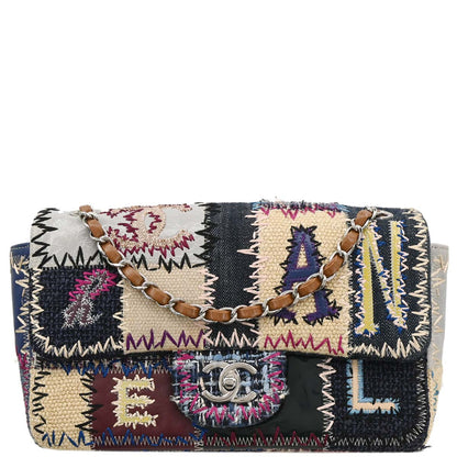 Chanel 2012 Navy Beige Denim Patchwork Single Flap Shoulder Bag