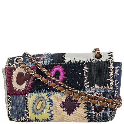 Chanel 2012 Navy Beige Denim Patchwork Single Flap Shoulder Bag