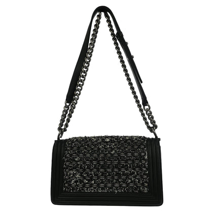 Boy Chanel 2017 Black Tweed Lambskin Medium Double Chain Shoulder Bag