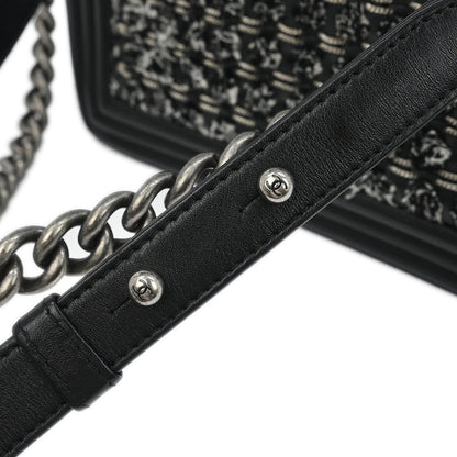 Boy Chanel 2017 Black Tweed Lambskin Medium Double Chain Shoulder Bag